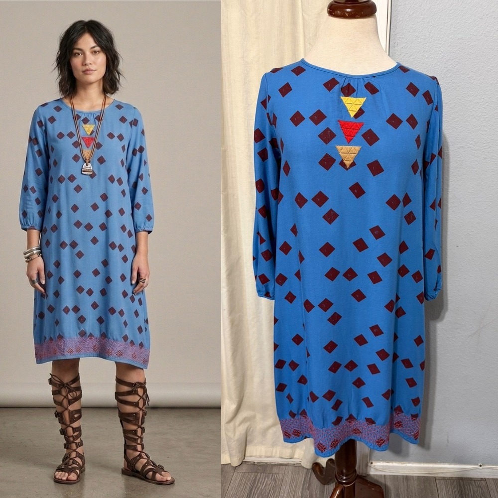 Bobo Choses Midi Dress Siz S Lagenlook Blue Geometric Embroidered Bohemian Shift
